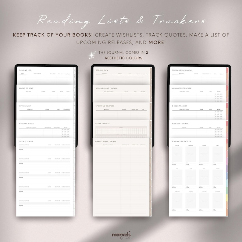 May include: Three printable pages for a reading journal. The pages are divided into sections for tracking books to read, wishlists, finished books, upcoming releases, book lending, a library book tracker, a book of the month, a podcast tracker, and an audiobook tracker.