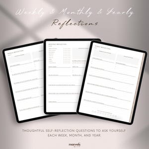 Pu&ograve; includere: Tre planner digitali con sfondi bianchi e testo nero. I planner sono per riflessioni settimanali, mensili e annuali. Il testo "Domande di autoriflessione ponderate da porsi ogni settimana, ogni mese e ogni anno." &egrave; nella parte inferiore dell'immagine.
