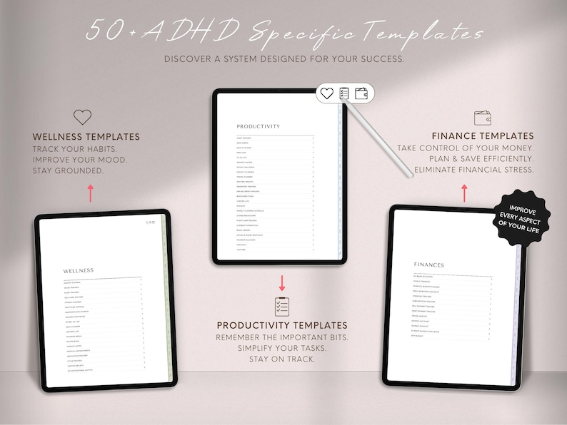 May include: An image showcasing three digital tablets displaying templates for wellness, productivity, and finances. The text reads "50+ ADHD Specific Templates" and "Discover a system designed for your success." Each template is designed to improve different aspects of life.