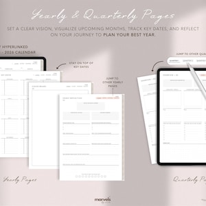 May include: Digital planner with yearly and quarterly pages. The planner includes a 365-day calendar for 2026, key date tracking, and vision board sections. The text on the image says "Set a clear vision, visualize upcoming months, track key dates, and reflect on your journey to plan your best year."