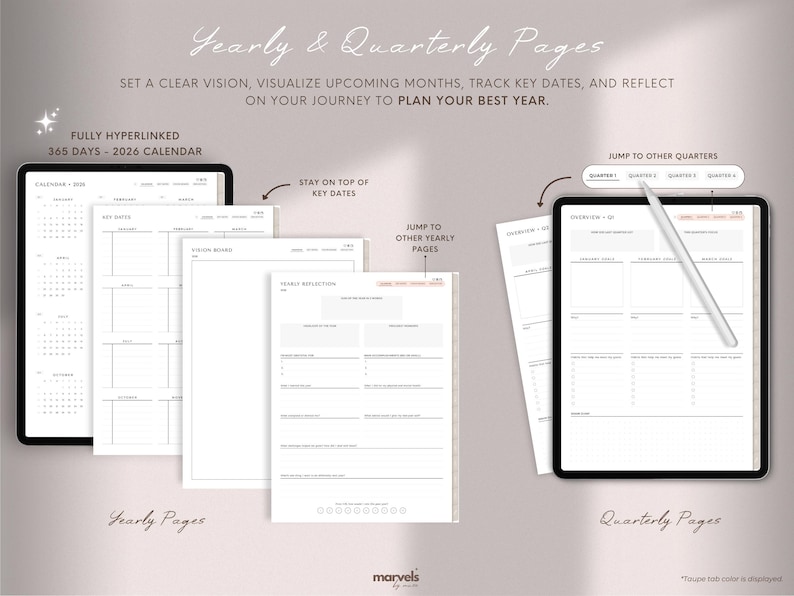 May include: Digital planner with yearly and quarterly pages. The planner includes a 365-day calendar for 2026, key date tracking, and vision board sections. The text on the image says "Set a clear vision, visualize upcoming months, track key dates, and reflect on your journey to plan your best year."