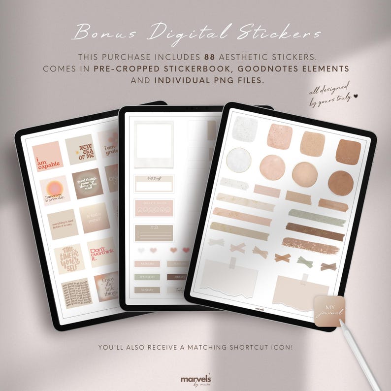 May include: A digital sticker pack with 88 aesthetic stickers in a pre-cropped stickerbook, Goodnotes elements, and individual PNG files. The stickers feature a variety of designs, including circles, squares, and rectangles in shades of brown, beige, and pink. The text "Bonus Digital Stickers" is at the top of the image.