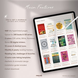 May include: A digital planner for book lovers with a book library section featuring covers of popular books like "Atomic Habits" and "The Power of Now". The planner includes 468 hyperlinked pages, space for 240 books and 120 series, 101 digital stickers, 10 covers, monthly and yearly reading trackers, reading lists, challenges, and 12 note-taking templates.
