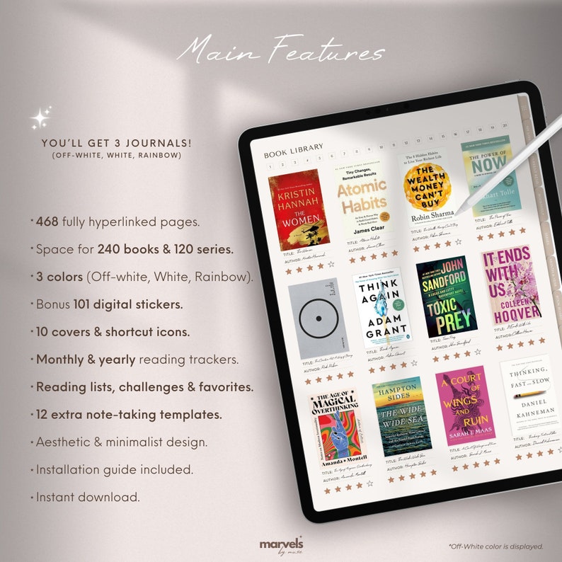 May include: A digital planner for book lovers with a book library section featuring covers of popular books like "Atomic Habits" and "The Power of Now". The planner includes 468 hyperlinked pages, space for 240 books and 120 series, 101 digital stickers, 10 covers, monthly and yearly reading trackers, reading lists, challenges, and 12 note-taking templates.