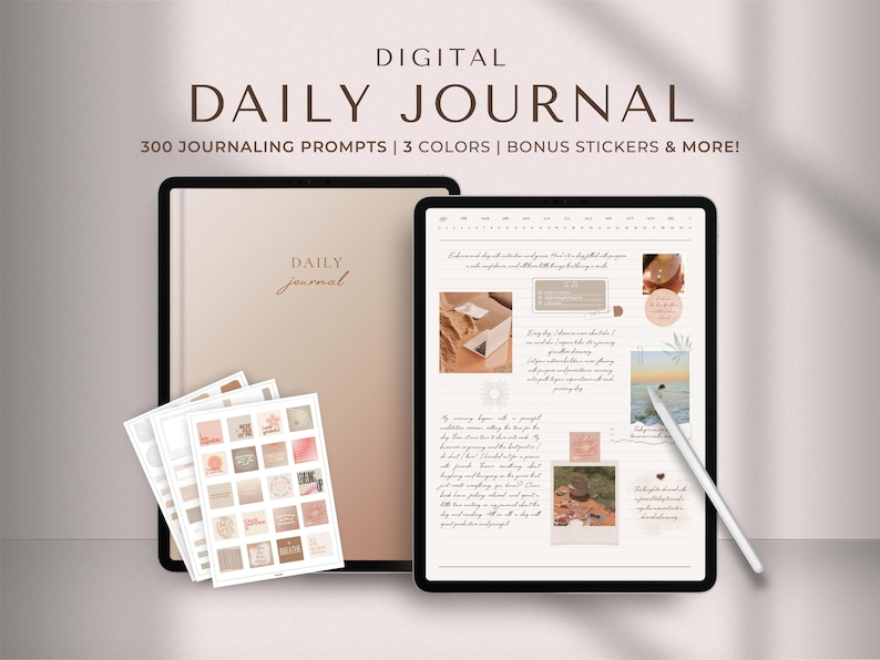 May include: A digital daily journal app on a tablet screen with a white stylus. The app features 300 journaling prompts, 3 color options, and bonus stickers. The screen shows a sample journal page with a handwritten entry and decorative stickers.