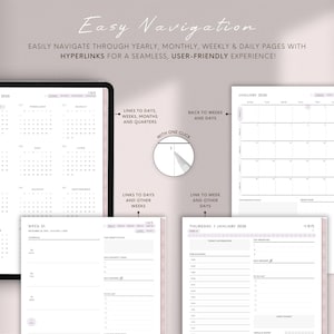 May include: Digital planner with yearly, monthly, weekly, and daily pages. The planner includes hyperlinks for easy navigation. The image shows a calendar view, a weekly view, and a daily view. Text on the image says "Easy Navigation" and "Hyperlinks for a seamless, user-friendly experience!"