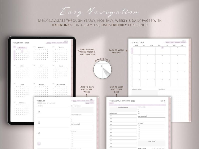 May include: Digital planner with yearly, monthly, weekly, and daily pages. The planner includes hyperlinks for easy navigation. The image shows a calendar view, a weekly view, and a daily view. Text on the image says "Easy Navigation" and "Hyperlinks for a seamless, user-friendly experience!"