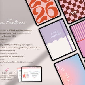 May include: Digital planners with various covers, including a pink and purple striped design and a brown checkered pattern. The planners are dated from January to December 2026 and include features for ADHD and neurodivergent minds.