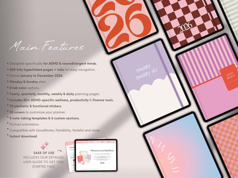 May include: Digital planners with various covers, including a pink and purple striped design and a brown checkered pattern. The planners are dated from January to December 2026 and include features for ADHD and neurodivergent minds.