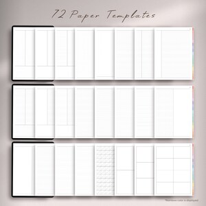 Op de afbeelding: 72 printbare papieren sjablonen voor planners, dagboeken en notitieboekjes. De sjablonen omvatten gelinieerde, geruite, stippen en blanco pagina's.