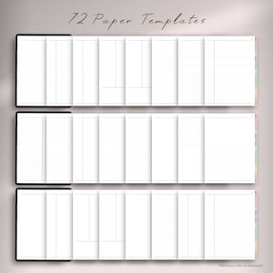Op de afbeelding: 72 printbare papieren sjablonen voor planners, dagboeken en notitieboekjes. De sjablonen omvatten gelinieerde, geruite en blanco pagina's.