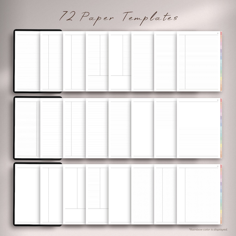 Op de afbeelding: 72 printbare papieren sjablonen voor planners, dagboeken en notitieboekjes. De sjablonen omvatten gelinieerde, geruite en blanco pagina's.