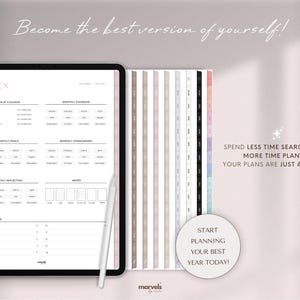 Puede incluir: Un planificador digital en una tableta, con un &iacute;ndice, calendario mensual y tablero de visi&oacute;n. La imagen incluye un l&aacute;piz &oacute;ptico y pesta&ntilde;as con c&oacute;digo de colores. El texto dice: "&iexcl;Convi&eacute;rtete en la mejor versi&oacute;n de ti mismo!" y "&iexcl;Empieza a planificar tu mejor a&ntilde;o hoy!"