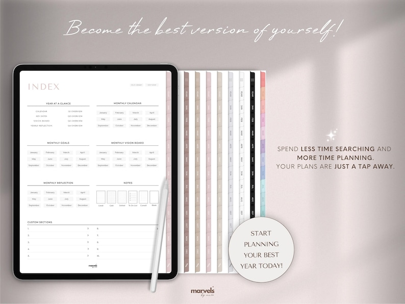 Puede incluir: Un planificador digital en una tableta, con un &iacute;ndice, calendario mensual y tablero de visi&oacute;n. La imagen incluye un l&aacute;piz &oacute;ptico y pesta&ntilde;as con c&oacute;digo de colores. El texto dice: "&iexcl;Convi&eacute;rtete en la mejor versi&oacute;n de ti mismo!" y "&iexcl;Empieza a planificar tu mejor a&ntilde;o hoy!"