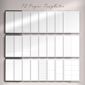May include: 72 printable paper templates displayed on a digital tablet screen. The templates include lined, grid, and blank pages.