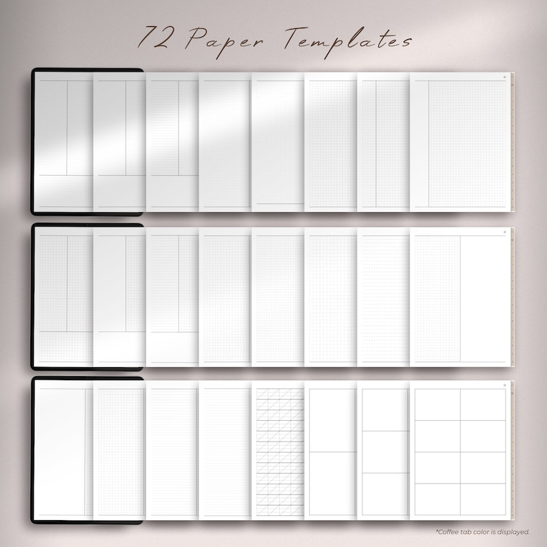 May include: 72 printable paper templates displayed on a digital tablet screen. The templates include lined, grid, and blank pages.