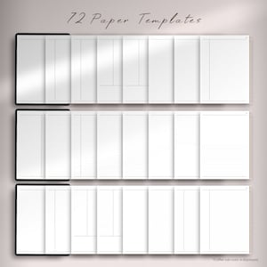 May include: 72 printable paper templates for planners, journals, and notebooks. The templates are displayed in a grid format with lined and blank pages.