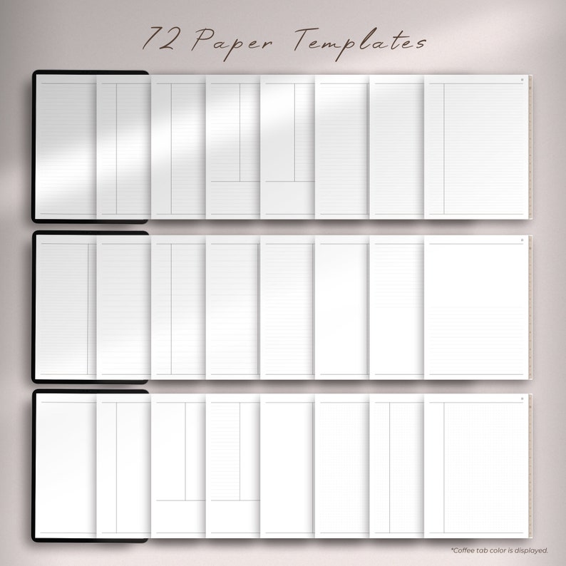 May include: 72 printable paper templates for planners, journals, and notebooks. The templates are displayed in a grid format with lined and blank pages.