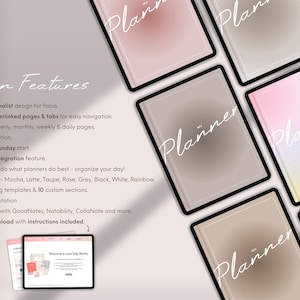Puede incluir: Planificador digital con un dise&ntilde;o minimalista, con la palabra "Planner" en escritura blanca. La imagen muestra m&uacute;ltiples planificadores en varios colores, incluyendo rosa, beige y gris. Las caracter&iacute;sticas principales se enumeran a la izquierda.