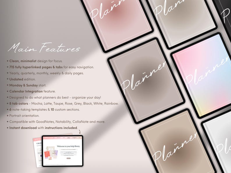 Puede incluir: Planificador digital con un dise&ntilde;o minimalista, con la palabra "Planner" en escritura blanca. La imagen muestra m&uacute;ltiples planificadores en varios colores, incluyendo rosa, beige y gris. Las caracter&iacute;sticas principales se enumeran a la izquierda.