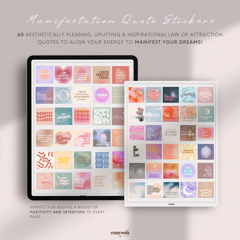 May include: Aesthetic quote stickers with inspirational affirmations. The stickers are displayed on a tablet and a framed print. The text reads "Manifestation Quote Stickers" and "60 aesthetically pleasing, uplifting & inspirational law of attraction quotes".