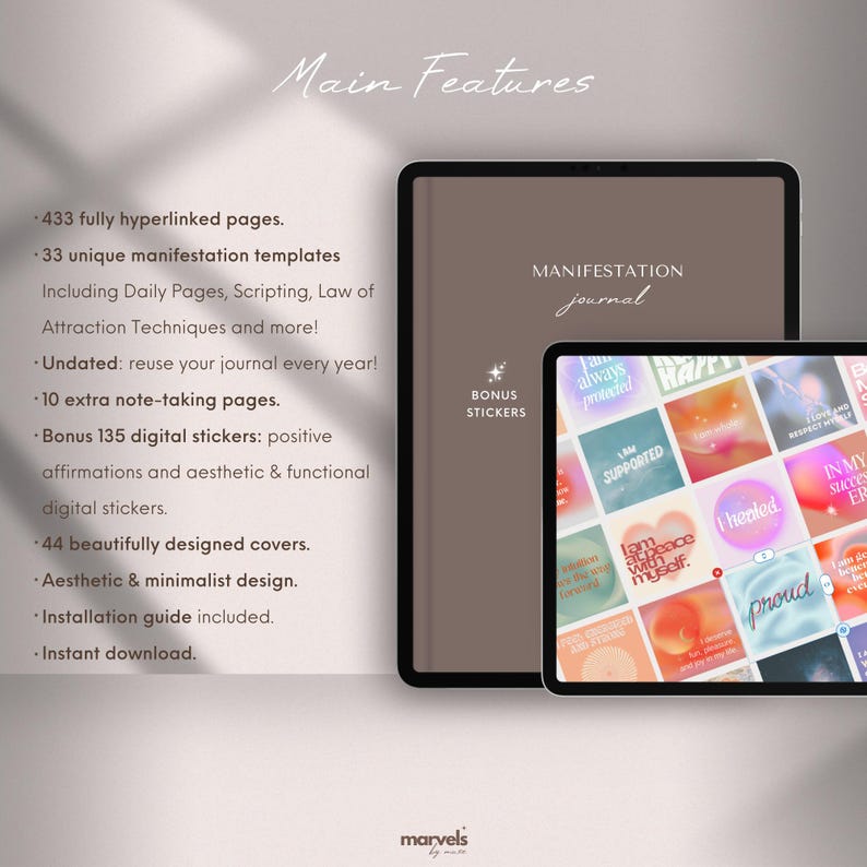 May include: A digital manifestation journal with a minimalist design. The journal includes 433 hyperlinked pages, 33 unique templates, and 135 digital stickers. The journal is undated and includes an installation guide. The cover reads "Manifestation Journal".