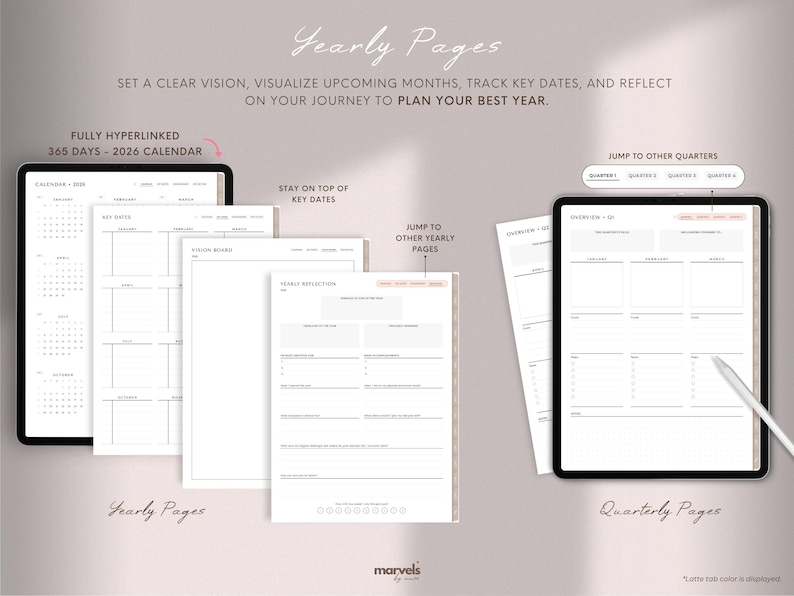 Pode incluir: Planeador digital com texto "Yearly Pages" e "Quarterly Pages". A imagem mostra um tablet exibindo um calend&aacute;rio, um quadro de vis&atilde;o e p&aacute;ginas de reflex&atilde;o. O planejador inclui um calend&aacute;rio de 365 dias para 2026.
