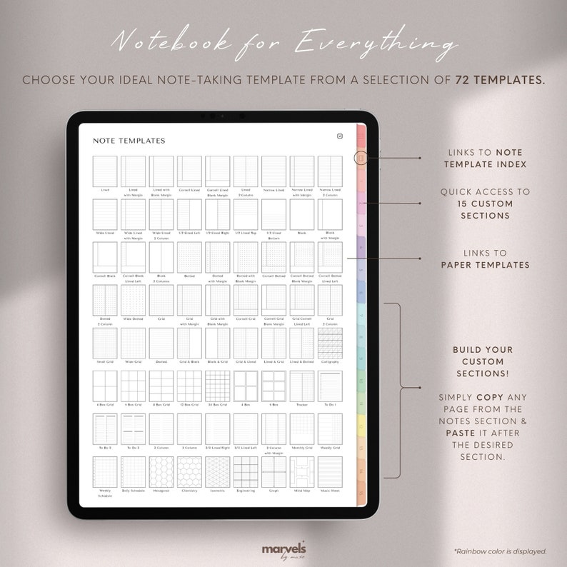 Op de afbeelding: Een digitaal tabletscherm toont een raster met 72 verschillende notitie sjablonen. De sjablonen zijn georganiseerd in 15 secties, elk met een andere kleur. De tekst "Notebook for Everything" staat bovenaan het scherm. De tekst "Kies uw ideale notitie sjabloon uit een selectie van 72 sjablonen." staat onder de titel. De tekst "Links to Note Template Index" staat aan de rechterkant van het scherm. De tekst "Snelle toegang tot 15 aangepaste secties" staat onder de tekst "Links to Note Template Index". De tekst "Links to Paper Templates" staat onder de tekst "Snelle toegang tot 15 aangepaste secties". De tekst "Maak uw eigen aangepaste secties!" staat onder de tekst "Links to Paper Templates". De tekst "Kopieer gewoon een pagina uit de notitiesectie en plak deze na de gewenste sectie." staat onder de tekst "Maak uw eigen aangepaste secties!". De tekst "marvels by" staat onderaan het scherm. De tekst "*Regenboogkleur wordt weergegeven" staat rechtsonder op het scherm.
