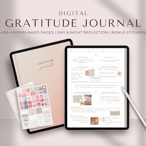 May include: A digital gratitude journal displayed on a tablet with a pink and white gradient background. The journal features over 400 hyperlinked pages, day and night reflection prompts, and bonus stickers. The text "GRATITUDE journal" is written in cursive on the cover.