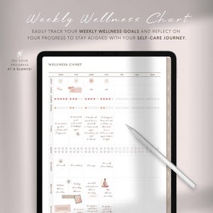 Pu&ograve; includere: Un grafico settimanale del benessere stampabile sullo schermo di un tablet. Il grafico &egrave; diviso in sezioni per stress, energia, umore, sonno, pasti, acqua, esercizio fisico, cura di s&eacute; e attivit&agrave; all'aperto. Ogni sezione contiene un elenco di attivit&agrave; da tenere traccia per ogni giorno della settimana.