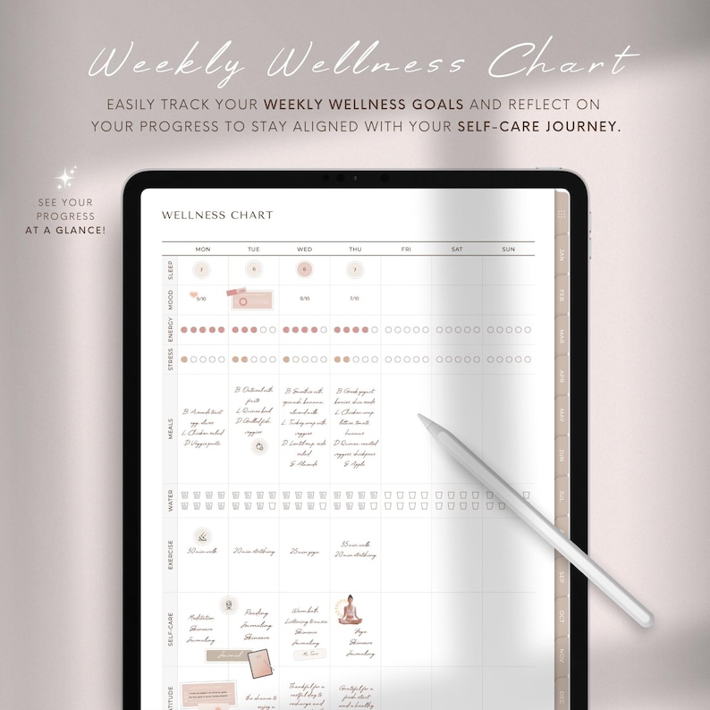 Pu&ograve; includere: Un grafico settimanale del benessere stampabile sullo schermo di un tablet. Il grafico &egrave; diviso in sezioni per stress, energia, umore, sonno, pasti, acqua, esercizio fisico, cura di s&eacute; e attivit&agrave; all'aperto. Ogni sezione contiene un elenco di attivit&agrave; da tenere traccia per ogni giorno della settimana.