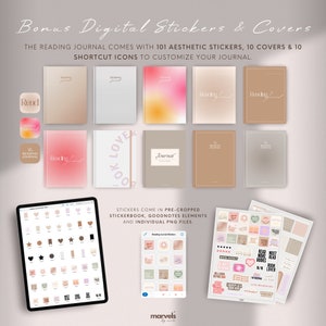 May include: A digital planner for reading lovers with 101 aesthetic stickers, 10 covers, and 10 shortcut icons. The stickers come in pre-cropped stickerbook, Goodnotes elements, and individual PNG files. The image shows a digital planner on a tablet screen, a stickerbook, and a set of individual stickers.