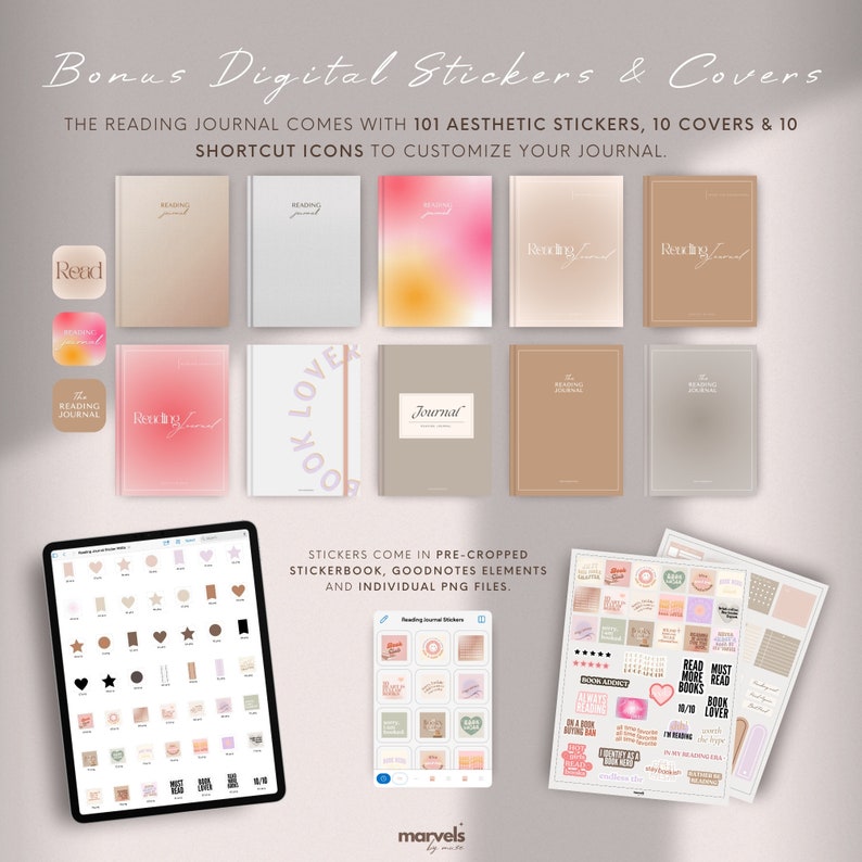 May include: A digital planner for reading lovers with 101 aesthetic stickers, 10 covers, and 10 shortcut icons. The stickers come in pre-cropped stickerbook, Goodnotes elements, and individual PNG files. The image shows a digital planner on a tablet screen, a stickerbook, and a set of individual stickers.