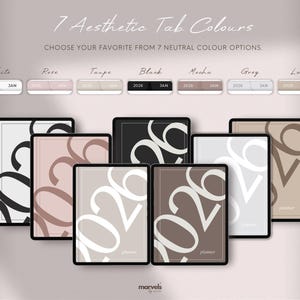 Pode incluir: Design de planejador digital com sete cores de abas est&eacute;ticas. Cada planejador tem um esquema de cores neutras, com o ano de 2026 em destaque. As op&ccedil;&otilde;es incluem branco, rosa, taupe, preto, mocha, cinza e latte.