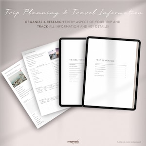 May include: A printable travel planner with sections for destination research, trip overview, travel information, and trip planning. The planner has a minimalist design with a white background and black text. The planner is designed to help you organize and research every aspect of your trip and track all information and key details.