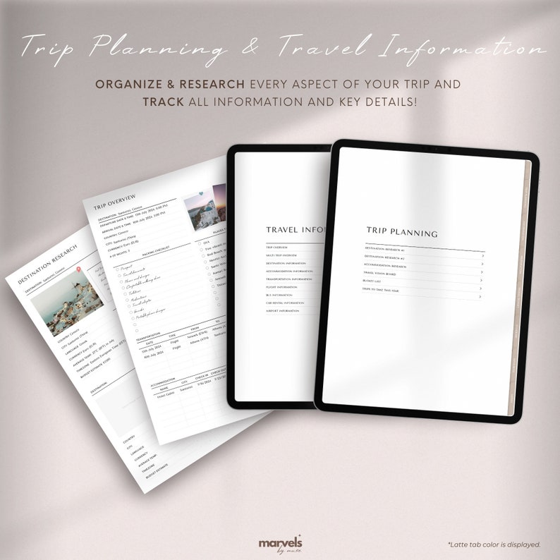 May include: A printable travel planner with sections for destination research, trip overview, travel information, and trip planning. The planner has a minimalist design with a white background and black text. The planner is designed to help you organize and research every aspect of your trip and track all information and key details.