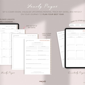 Puede incluir: Planificador anual digital con un dise&ntilde;o limpio y minimalista. La imagen muestra una tableta que muestra las "P&aacute;ginas anuales" y "P&aacute;ginas trimestrales" con secciones para fechas clave, tableros de visi&oacute;n y reflexiones. El texto dice: "Establezca una visi&oacute;n clara, visualice los pr&oacute;ximos meses, realice un seguimiento de las fechas clave y reflexione sobre su viaje para planificar su mejor a&ntilde;o."