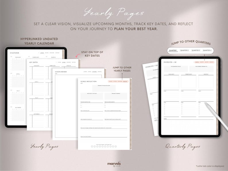 Puede incluir: Planificador anual digital con un dise&ntilde;o limpio y minimalista. La imagen muestra una tableta que muestra las "P&aacute;ginas anuales" y "P&aacute;ginas trimestrales" con secciones para fechas clave, tableros de visi&oacute;n y reflexiones. El texto dice: "Establezca una visi&oacute;n clara, visualice los pr&oacute;ximos meses, realice un seguimiento de las fechas clave y reflexione sobre su viaje para planificar su mejor a&ntilde;o."