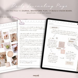 May include: A digital journaling page with handwritten notes and a tablet with a stylus. The page includes the text "Daily Journaling Page" and prompts to journal, brainstorm, plan, or build a vision board. The color scheme is neutral with beige and white tones.