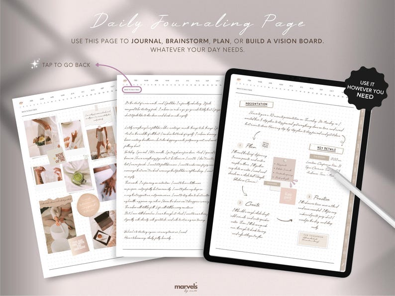 May include: A digital journaling page with handwritten notes and a tablet with a stylus. The page includes the text "Daily Journaling Page" and prompts to journal, brainstorm, plan, or build a vision board. The color scheme is neutral with beige and white tones.