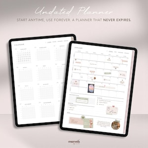 Puede incluir: Dos tabletas digitales que muestran un planificador sin fecha. Una muestra un calendario anual, la otra un dise&ntilde;o mensual con notas e ilustraciones. El texto en la parte superior dice "Undated Planner" y "START ANYTIME, USE FOREVER. A PLANNER THAT NEVER EXPIRES."