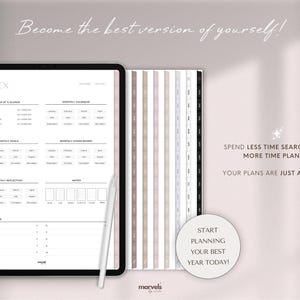 Pode incluir: Um planejador digital exibido em um tablet, com um &iacute;ndice, metas mensais e se&ccedil;&otilde;es de quadro de vis&atilde;o. O texto "Become the best version of yourself!" est&aacute; no topo. A imagem tamb&eacute;m inclui um planejador com abas codificadas por cores e o texto "Start planning your best year today!"