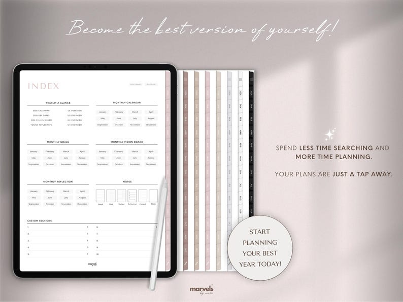 Pode incluir: Um planejador digital exibido em um tablet, com um &iacute;ndice, metas mensais e se&ccedil;&otilde;es de quadro de vis&atilde;o. O texto "Become the best version of yourself!" est&aacute; no topo. A imagem tamb&eacute;m inclui um planejador com abas codificadas por cores e o texto "Start planning your best year today!"