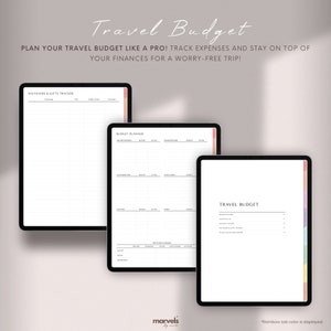 May include: Three printable digital planner pages for travel budgeting. The pages are titled "Souvenirs & Gifts Tracker", "Budget Planner", and "Travel Budget". The pages are designed with a minimalist aesthetic and feature a rainbow tab color.