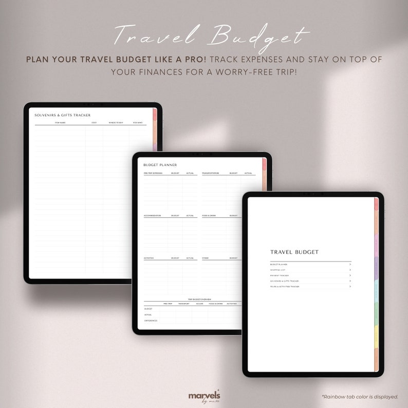 May include: Three printable digital planner pages for travel budgeting. The pages are titled "Souvenirs & Gifts Tracker", "Budget Planner", and "Travel Budget". The pages are designed with a minimalist aesthetic and feature a rainbow tab color.