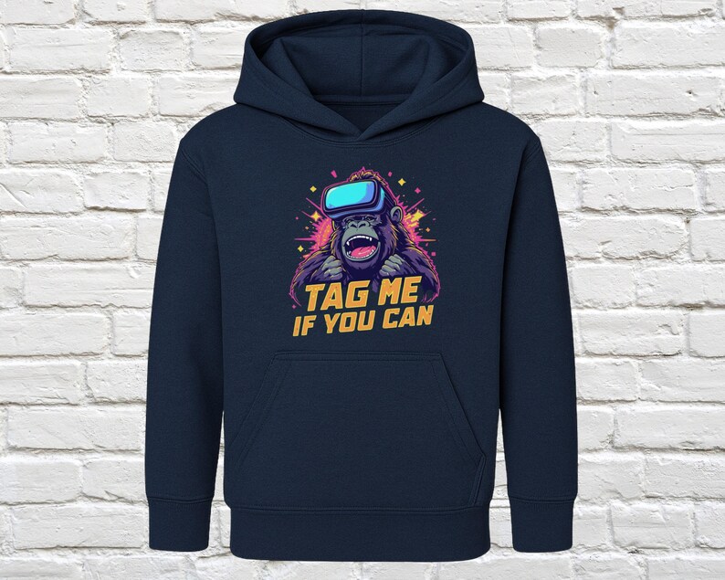 Tag Me If You Can Hoodie, Funny Gorilla Graphic Sweatshirt, Trendy VR Gamer Hoodie, Unique Animal Design Pullover, Cool Geek Fashion
