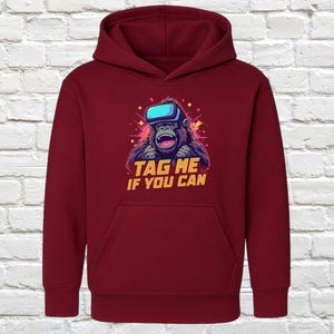Gorilla hoodie with Tag Me If You Can print, cool gaming hoodie, fun graphic hoodie, gamer gift, unique gorilla print hoodie