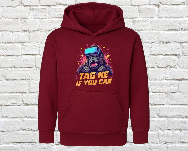 Gorilla hoodie with Tag Me If You Can print, cool gaming hoodie, fun graphic hoodie, gamer gift, unique gorilla print hoodie