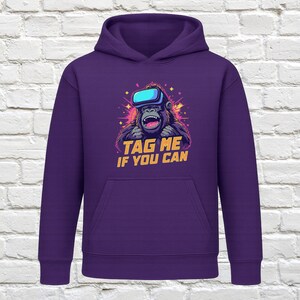 Tag Me If You Can Hoodie, Fun Graphic Hoodie, Cool Monkey Hoodie, VR Monkey Design, Unisex Casual Hoodie, Purple Hooded Sweatshirt