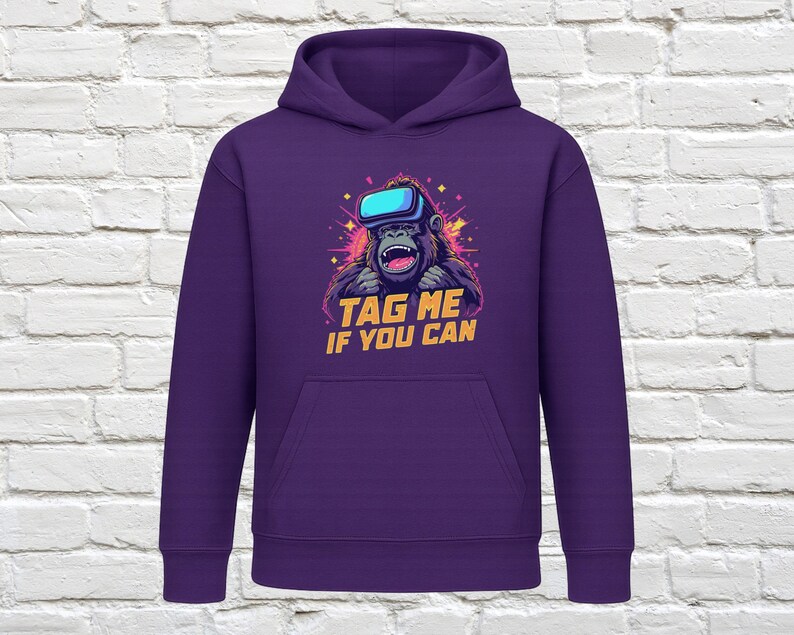 Tag Me If You Can Hoodie, Fun Graphic Hoodie, Cool Monkey Hoodie, VR Monkey Design, Unisex Casual Hoodie, Purple Hooded Sweatshirt